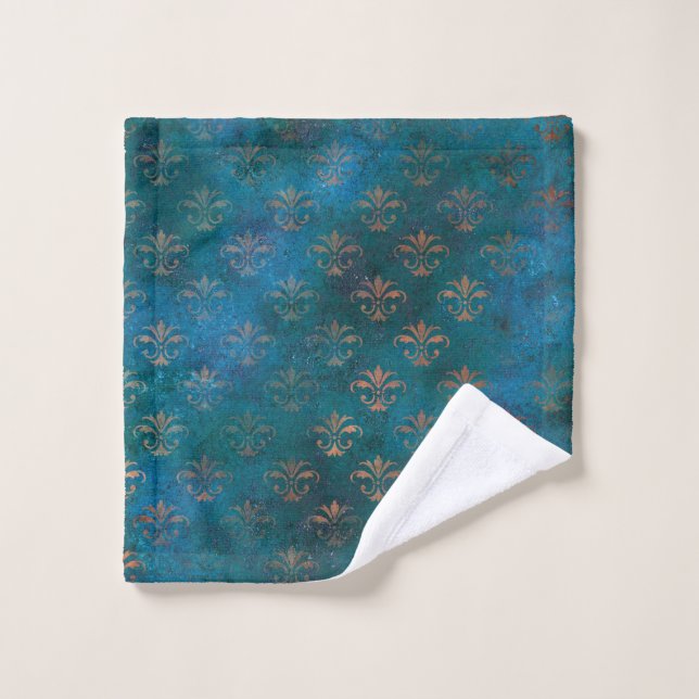 Boho Copper Blue Grunge Heraldique Floral (Gant de toilette)
