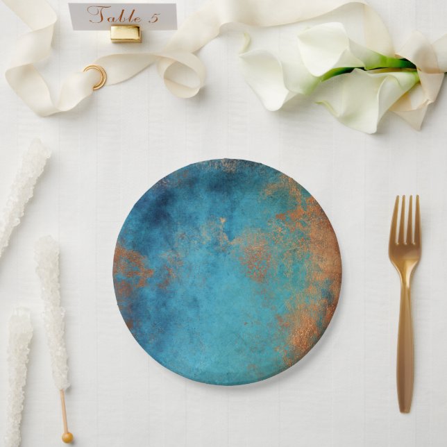 Boho Copper Blue Rustic Paper Plate (Wedding)