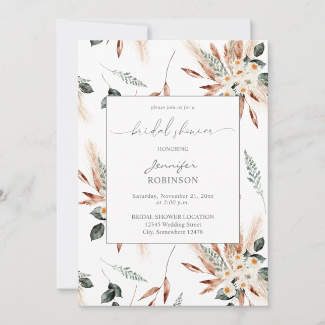 Boho Copper Pampas & Beige Floral Bridal Shower Invitation (Front)