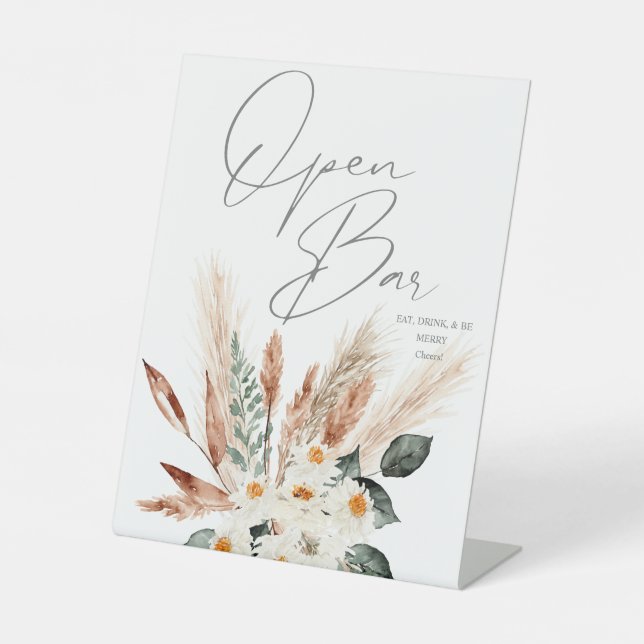 Boho Copper Pampas & Beige Floral Open Bar Pedestal Sign (Front)
