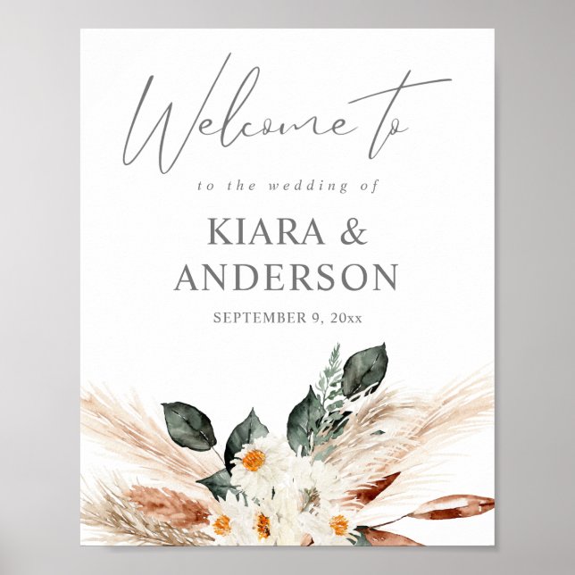 Boho Copper Pampas Beige Floral Welcome Sign (Front)