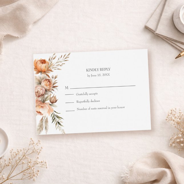 Boho Coral and Peach Dry Flower Wedding RSVP Card (Boho Coral and Peach Dry Flower Wedding RSVP Card on a neutral table with boho decor and dry flower)