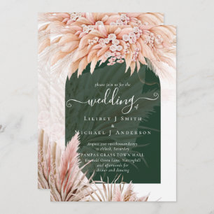 Boho Coral Pampas Grass Green Wedding Invitation