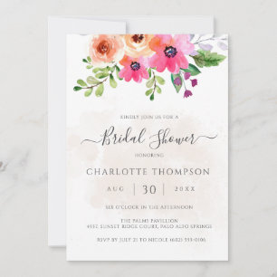 Boho Coral Pink Watercolor Floral Bridal Shower  Invitation