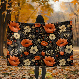 Boho Cottagecore Orange and Cream Autumn Floral Fleece Blanket