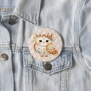 Boho Cottagecore Owl Floral Farmcore Charm 3 Inch Round Button