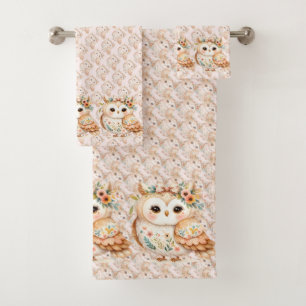 Boho Cottagecore Owl Floral Farmcore Charm Bath Towel Set