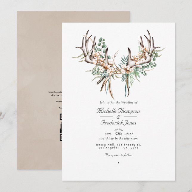 Boho Cotton and Eucalyptus Boho Wedding Photo Invi Invitation (Front/Back)