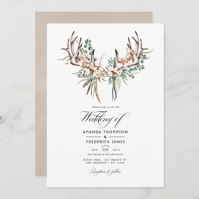 Boho Cotton and Eucalyptus Boho Wedding Photo Invitation (Front/Back)
