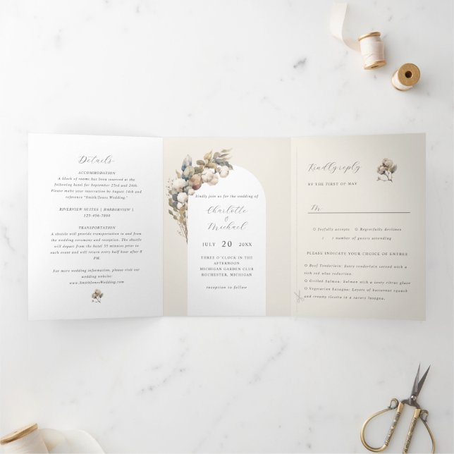 boho cotton and eucalyptus Tri-Fold invitation (Inside)