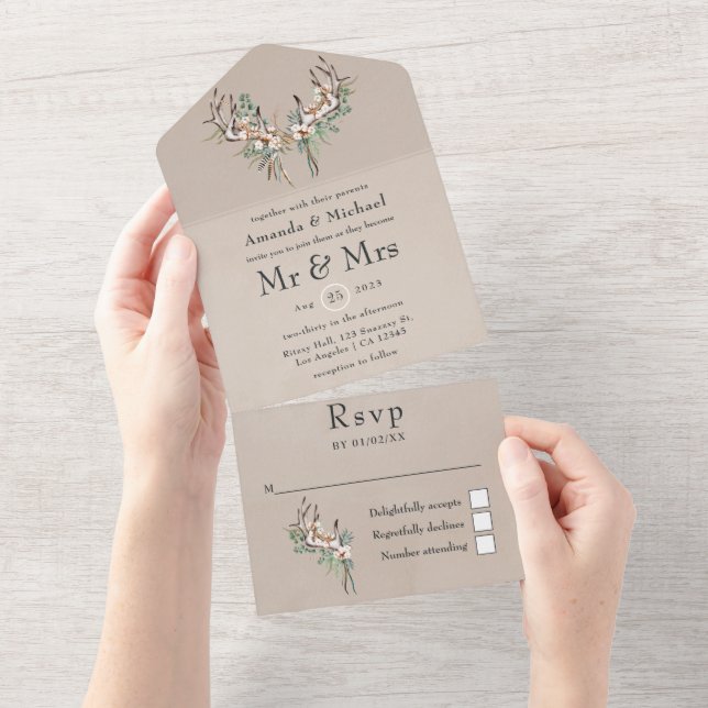 Boho Cotton and Eucalyptus Wedding All In One Invitation (Tearaway)
