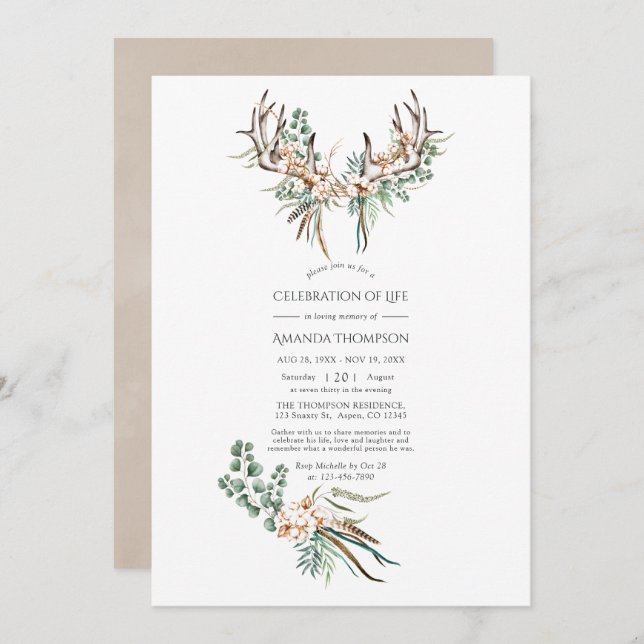 Boho Cotton & Eucalyptus Boho Celebration of Life Invitation (Front/Back)