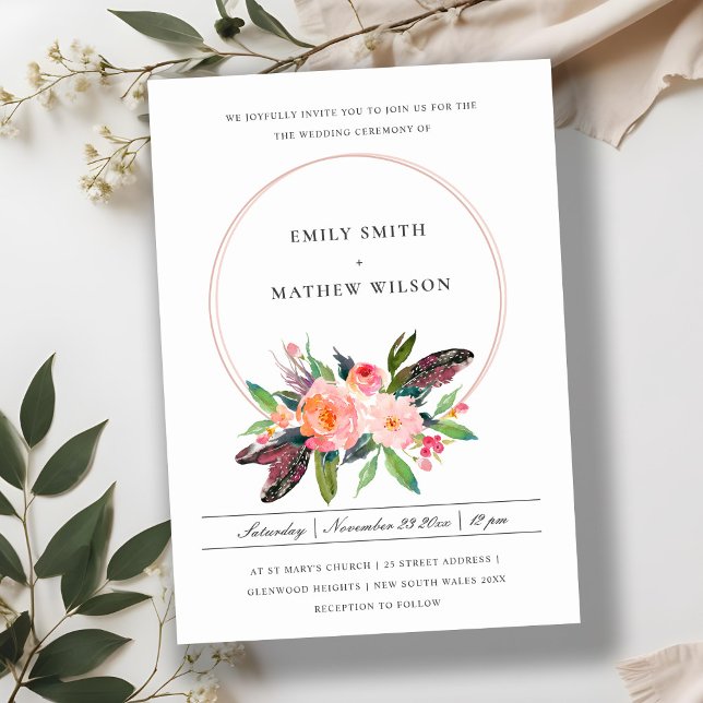 BOHO COUNTRY FEATHER BLUSH FLORAL WREATH WEDDING INVITATION (Creator Uploaded)