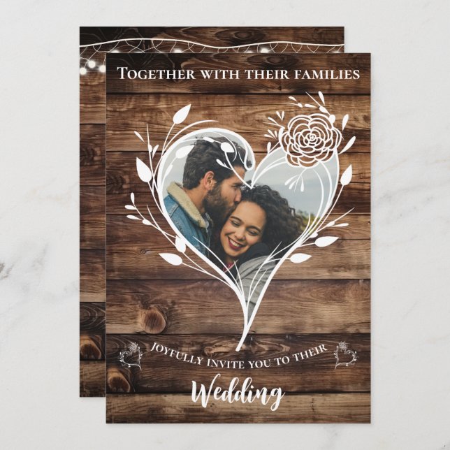 Boho Country Rustic Wood Photo WeddIng Invitation (Front/Back)