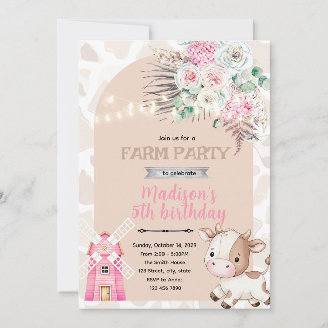 boho cow birthday invitation (Front)