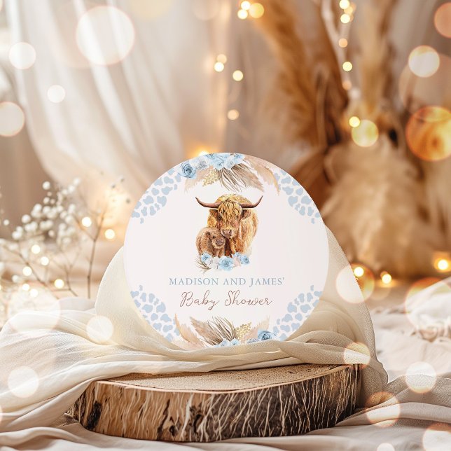 Boho Cow Blue Pampas Grass Boy Baby Shower Favours Classic Round Sticker (Creator Uploaded)