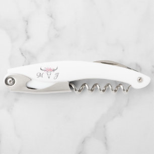 Boho Cow Skull Blush Watercolor Floral Monogram Corkscrew