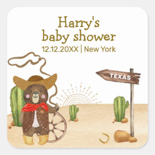 Boho Cowboy Bear Western Rodeo Cactus Baby Shower  Square Sticker
