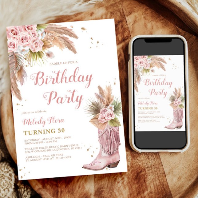 Boho Cowgirl Boot Pampas Grass Roses 30th Birthday Invitation (Boho Cowgirl Boot Pampas Grass Roses 30th Birthday Invitation)