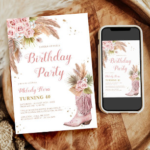Boho Cowgirl Boot Pampas Grass Roses 40th Birthday Invitation