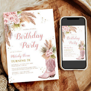 Boho Cowgirl Boot Pampas Grass Roses 70th Birthday Invitation