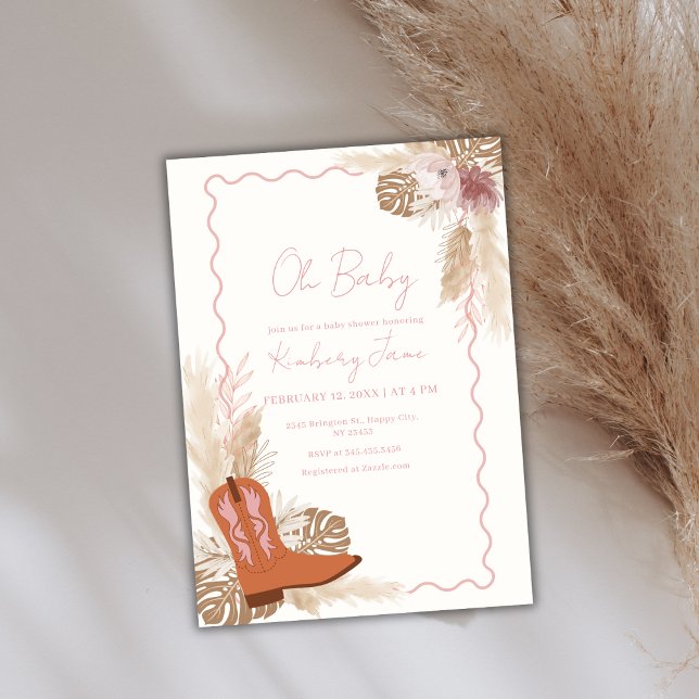 Boho Cowgirl Boots Pampas Grass Baby Shower Invitation (Boho Cowgirl Boots Pampas Grass Baby Shower Invitation)