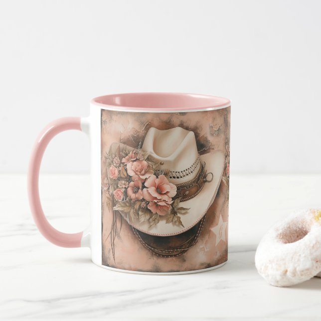 Boho cowgirl hat & salmon flowers mug (With Donut)