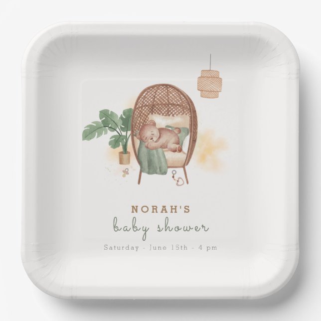Boho Cozy Teddy Bear Sleep Baby Shower  Paper Plate (Front)