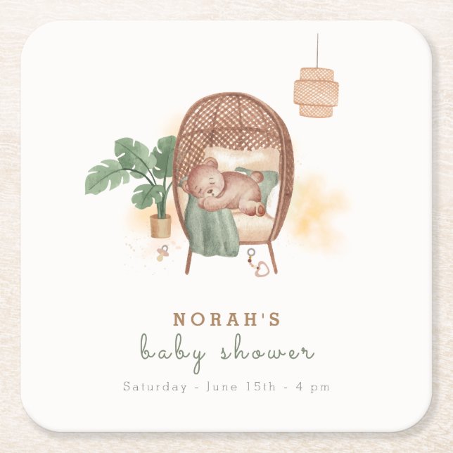 Boho Cozy Teddy Bear Sleep Baby Shower  Square Paper Coaster (Front)