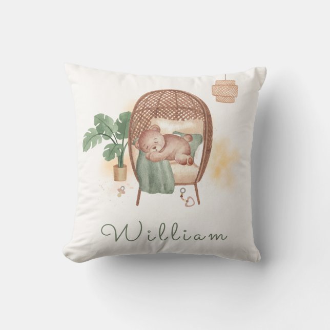 Boho Cozy Teddy Bear Sleep Monogram Nursery Throw Pillow (Front)