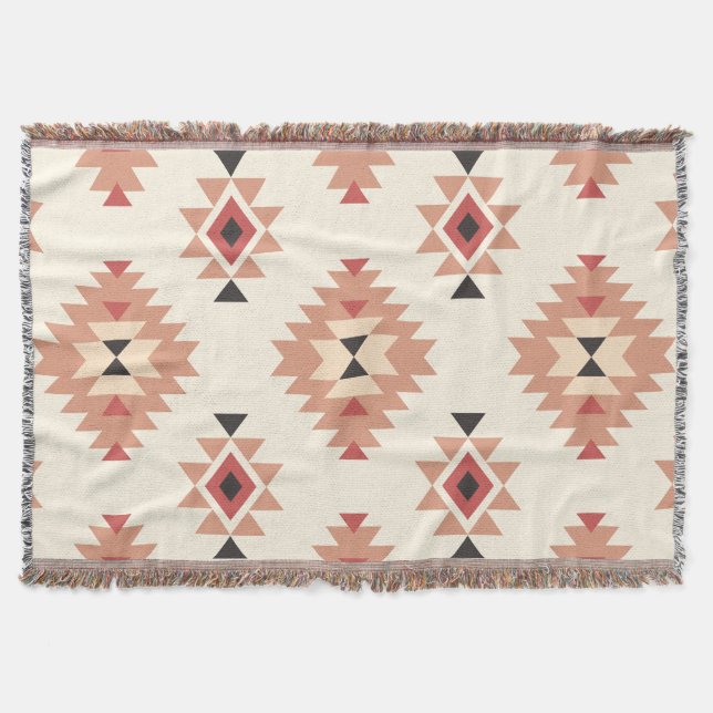 Boho Cream and Dusty Pink Southwest Aztec Design Throw Blanket (Front)