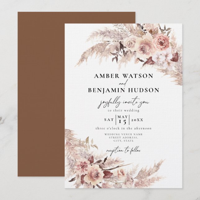 Boho Cream Beige Pampas Grass Floral Wedding Invitation (Front/Back)