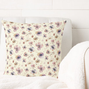 Boho Cream Blush Watercolor Wildflower Throw Pillow