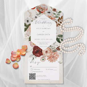 Boho Cream Burgundy Fall Floral QR Code All In One Invitation