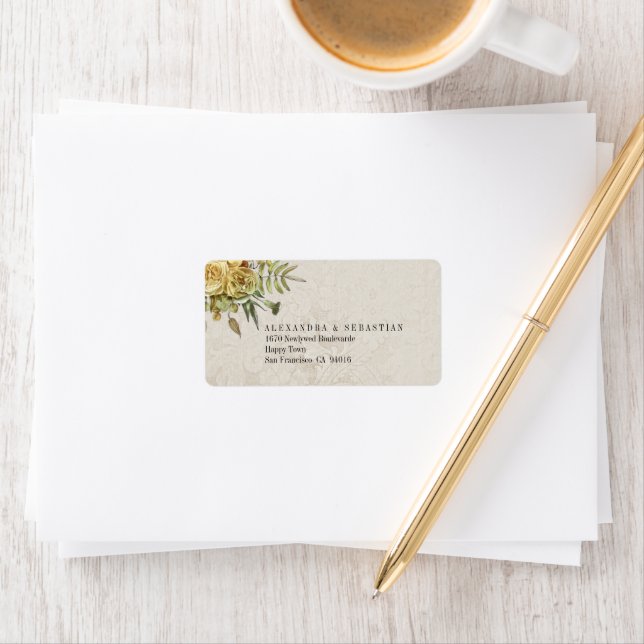 Boho Cream Damask and Yellow Flowers Wedding  Label (Insitu)