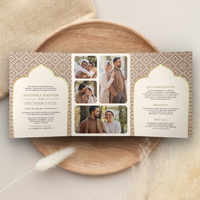 Boho Cream Geometric All in One Indian Wedding Tri-Fold Invitation (Creator Uploaded)