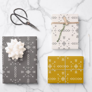 Boho cream, grey and yellow design wrapping paper sheet