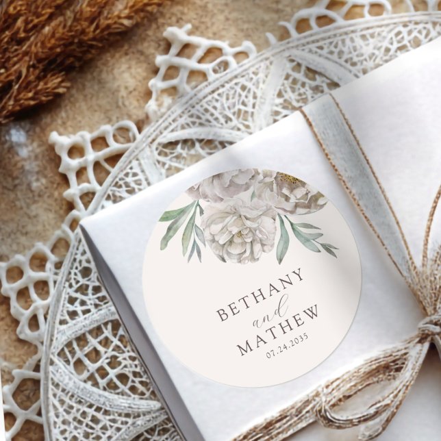 Boho Cream & Off White Floral Wedding Classic Round Sticker (Creator Uploaded)