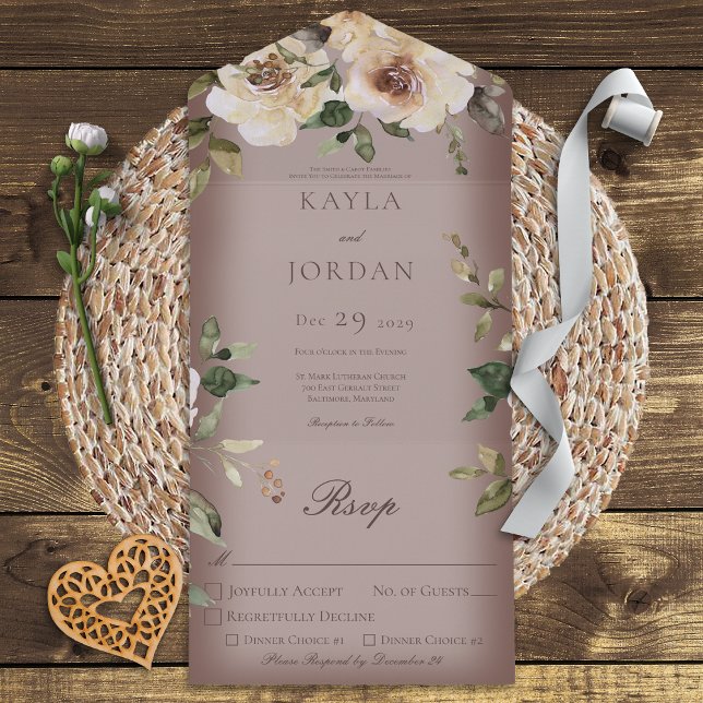 Boho Cream Roses Brown Dinner All In One Invitation (Creator Uploaded)