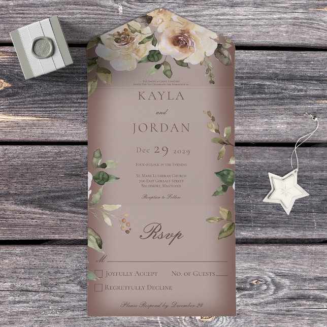 Boho Cream Roses Brown No Dinner All In One Invitation (Creator Uploaded)