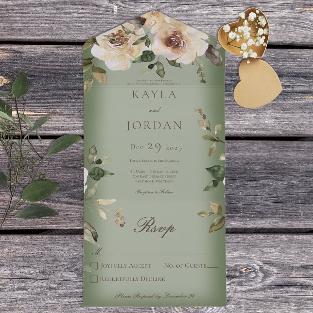 Boho Cream Roses Sage Green No Dinner All In One Invitation (Creator Uploaded)