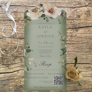 Boho Cream Roses Sage Green QR Code All In One Invitation