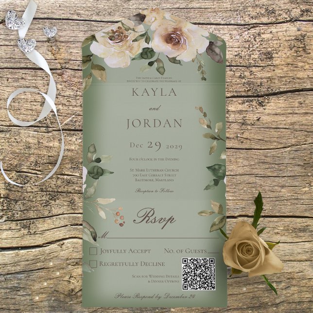 Boho Cream Roses Sage Green QR Code All In One Invitation (Creator Uploaded)