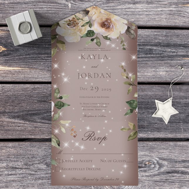 Boho Cream Roses Sparkle Brown No Dinner All In One Invitation (Creator Uploaded)