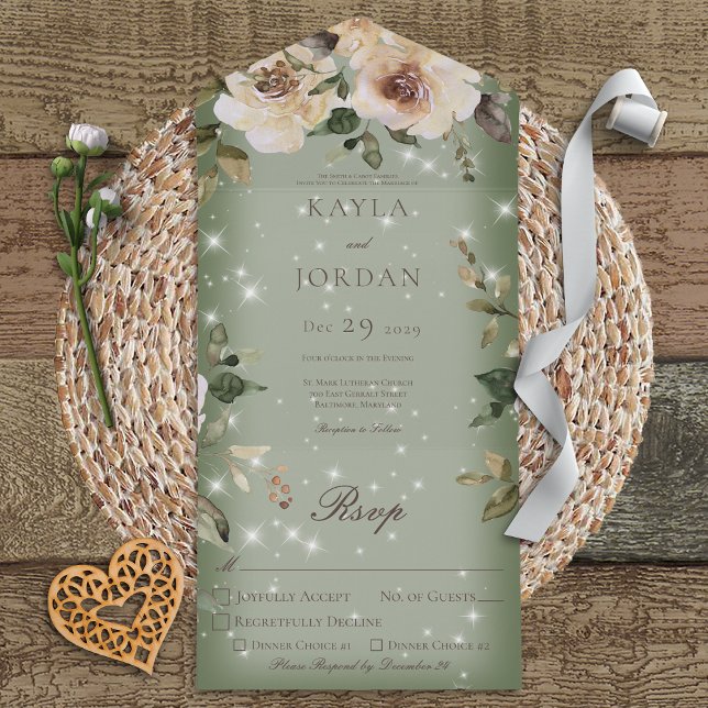 Boho Cream Roses Sparkle Sage Green Dinner All In One Invitation (Creator Uploaded)