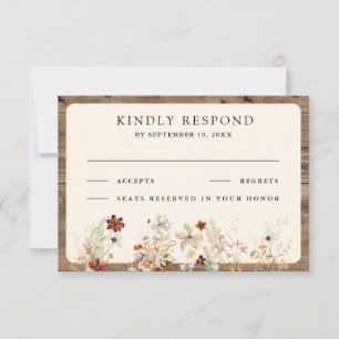 Boho Cream Wildflower Wood Wedding RSVP Card
