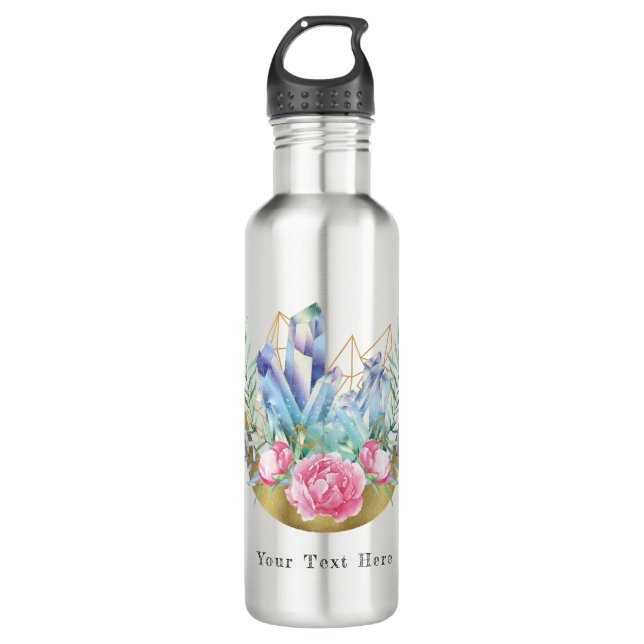 Boho Crescent Moon Crystal Cluster Pink Roses Chic 710 Ml Water Bottle (Front)