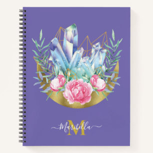 Boho Crescent Moon Crystal Cluster Pink Roses Notebook