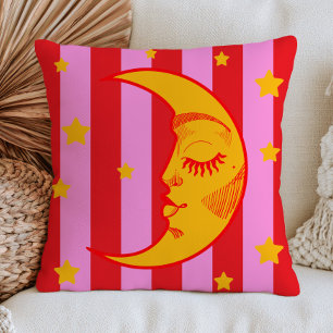 BOHO Crescent Moon Face Red& Pink Striped  Throw Pillow