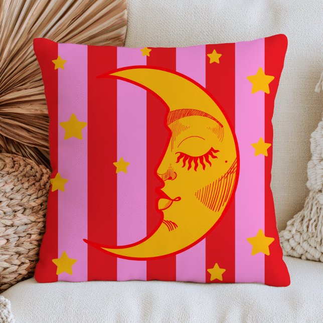 BOHO Crescent Moon Face Red& Pink Striped  Throw Pillow (Creator Uploaded)